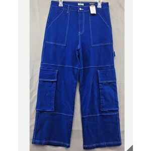 Royal Blue Cargo Pants Wide Leg Contrast Stitching Size L
